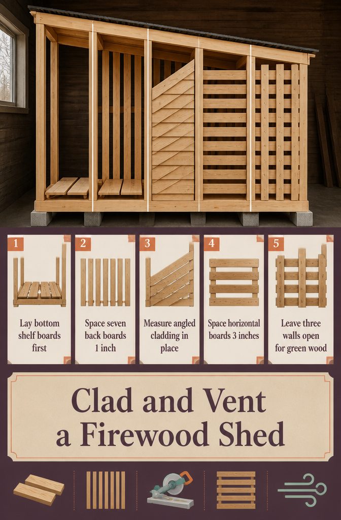 How to Build a Firewood Shed: 7 Steps from Ground to Roof 5 Firewood shed with spaced back boards and angled side cladding