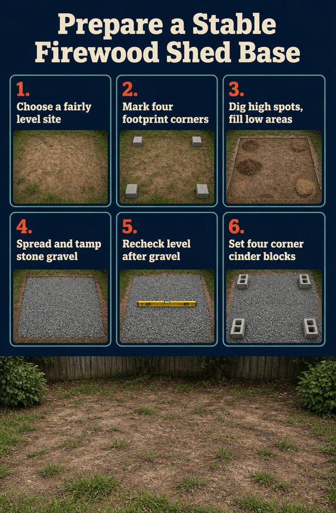 How to Build a Firewood Shed: 7 Steps from Ground to Roof 2 Firewood shed base diagram with marked corners and a gravel foundation