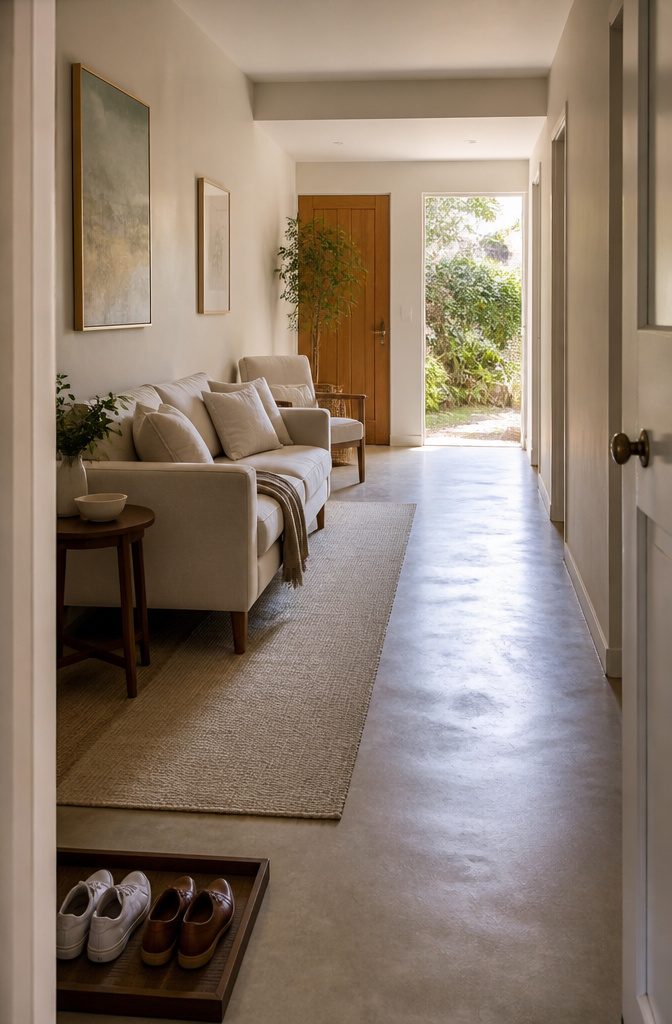 Narrow living room with a loveseat along one wall and an open walkway