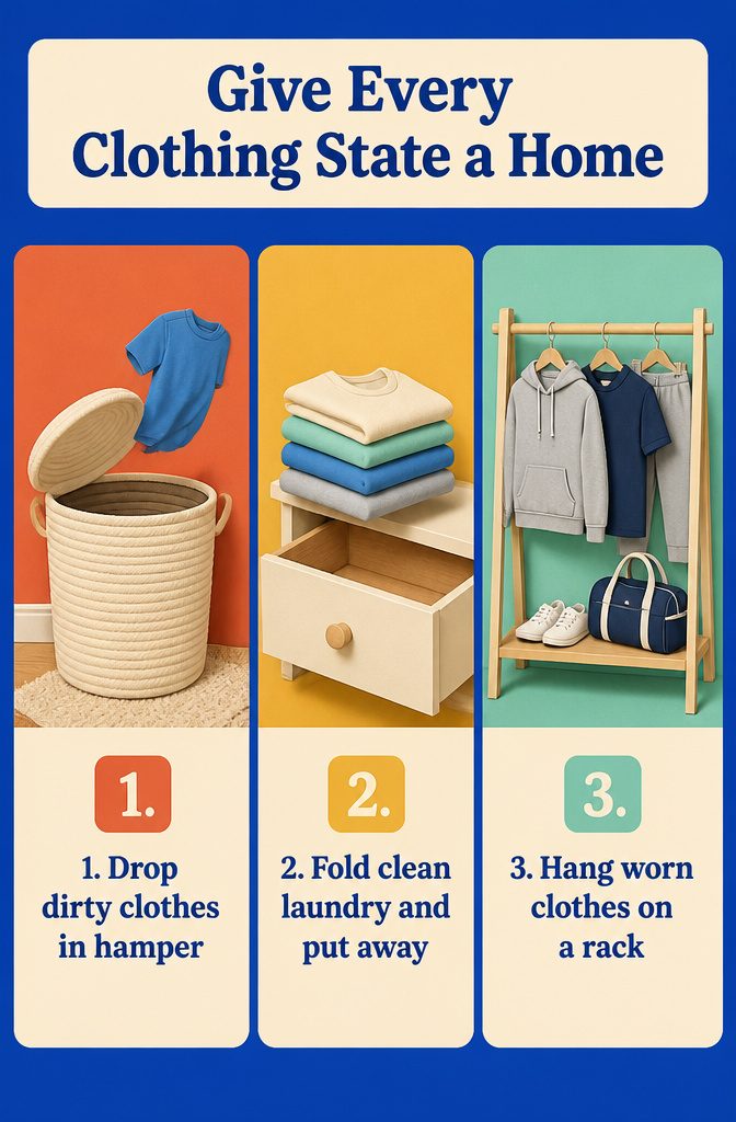 How to Keep a Room Clean: 10 Methods That Work 5 Bedroom clothes rack holding worn clothing beside a laundry hamper