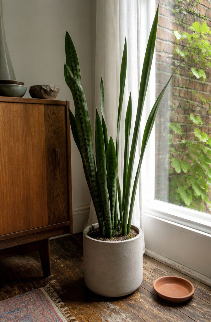 How to Tell if a Snake Plant is Healthy: 8 Steps 6 Snake plant with curled wrinkled leaves and narrow blades reaching toward a window