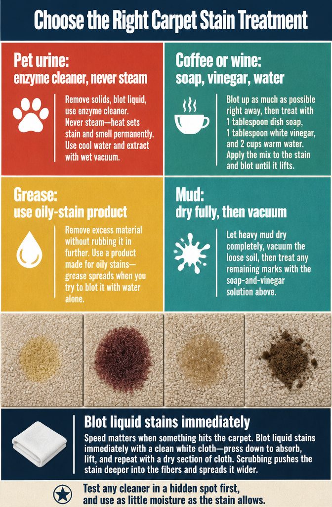 How to Clean Carpet at Home: 7 Steps That Work 9 Carpet stain treatment graphic showing advice for pet accidents coffee and grease