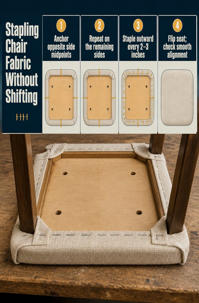 Chair seat underside with fabric stapled at the middle of each side
