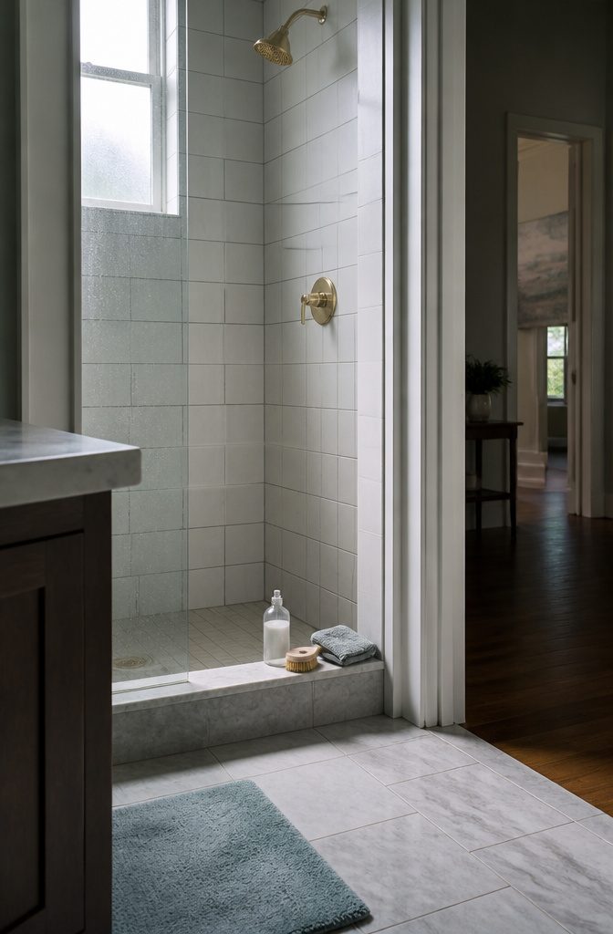 How to Motivate Yourself to Clean: 19 Methods That Work 6 Shower with a scrubbed grout line, brush, cloth and cleaner bottle