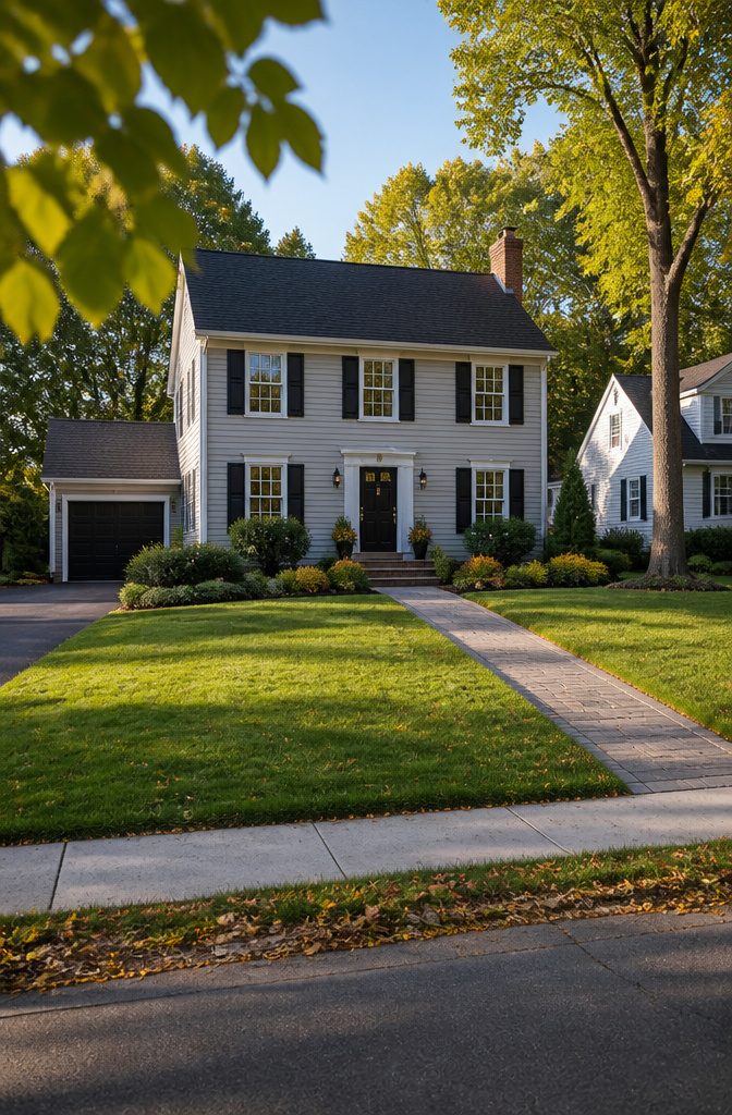 House exterior viewed from the street with front entry walkway and yard