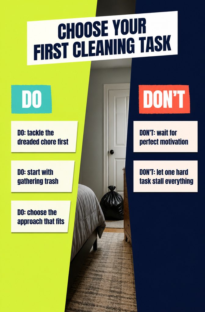 How to Be Motivated to Clean Your Room: 19 Methods 11 Cleaning infographic comparing a difficult first chore with an easy task