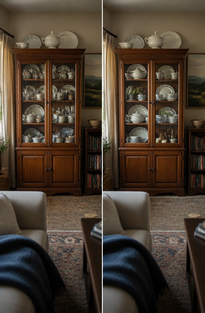 China cabinet display viewed from across the room