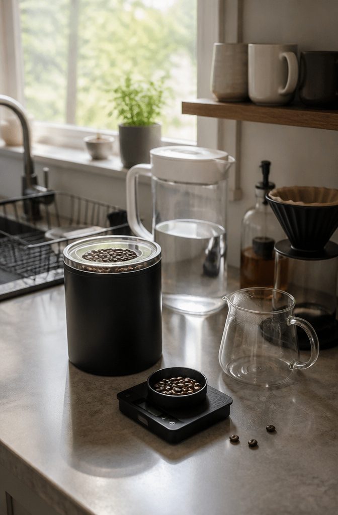How to Build a Home Coffee Station: 6 Steps to a Working Setup 5 Vacuum canister of whole coffee beans beside a coffee brewer