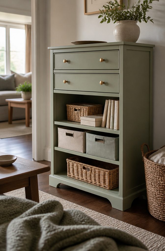 10 Ways to Repurpose Old Dressers for Your Home 2 Dresser with open lower shelves holding baskets beneath closed top drawers