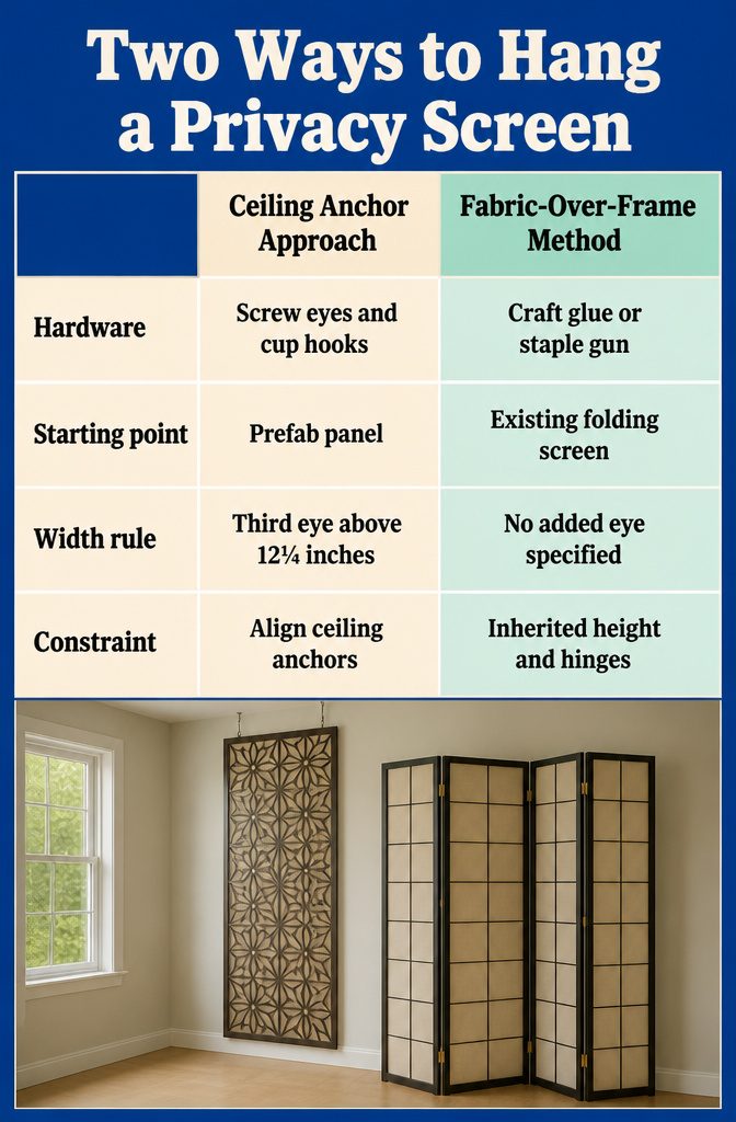 Decorative panels hanging from ceiling hooks beside a fabric-covered folding screen