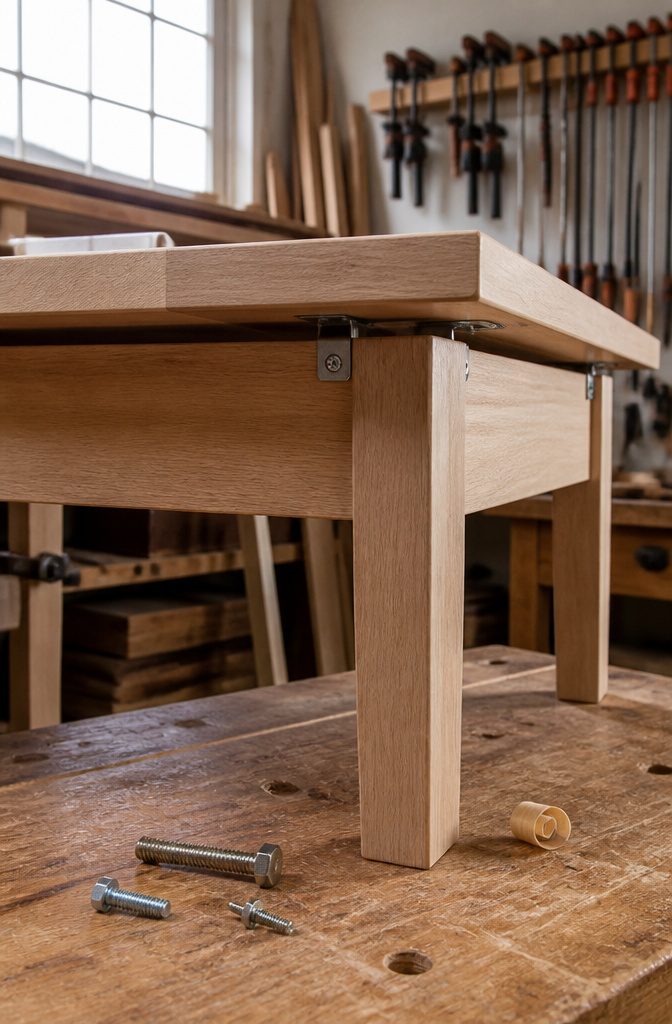 How to Build a Kitchen Table: 8 Steps from Planning to Finish 10 Underside of a plank tabletop with metal brackets, screws, and apron