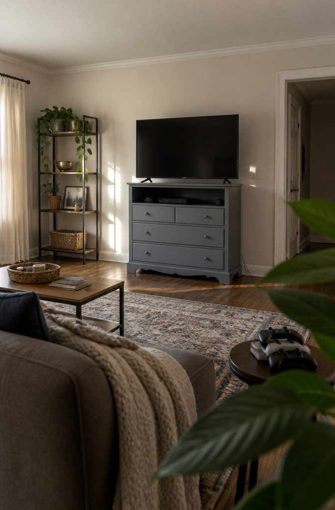 10 Ways to Repurpose Old Dressers for Your Home 5 Dresser television stand with open upper cubby and closed lower drawers