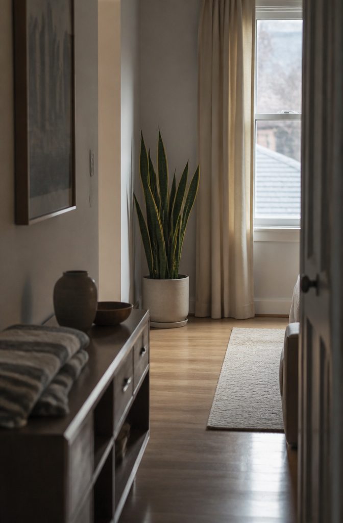 How to Care for a Snake Plant Indoors: 7 Practical Steps 5 Upright snake plant beside an interior wall and low console