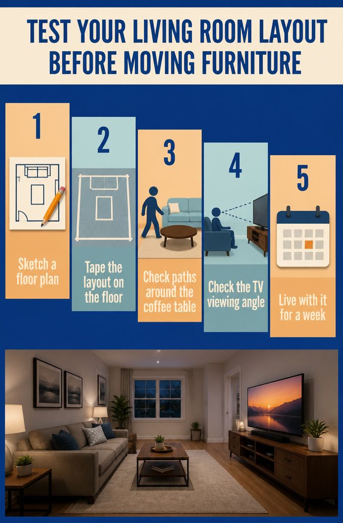 Living room floor plan marking furniture positions and open walking paths