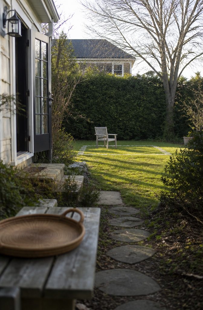 How to Design a Patio: 8 Steps from Planning to Installation 11 Single chair inside a loose paver outline beside a hedge