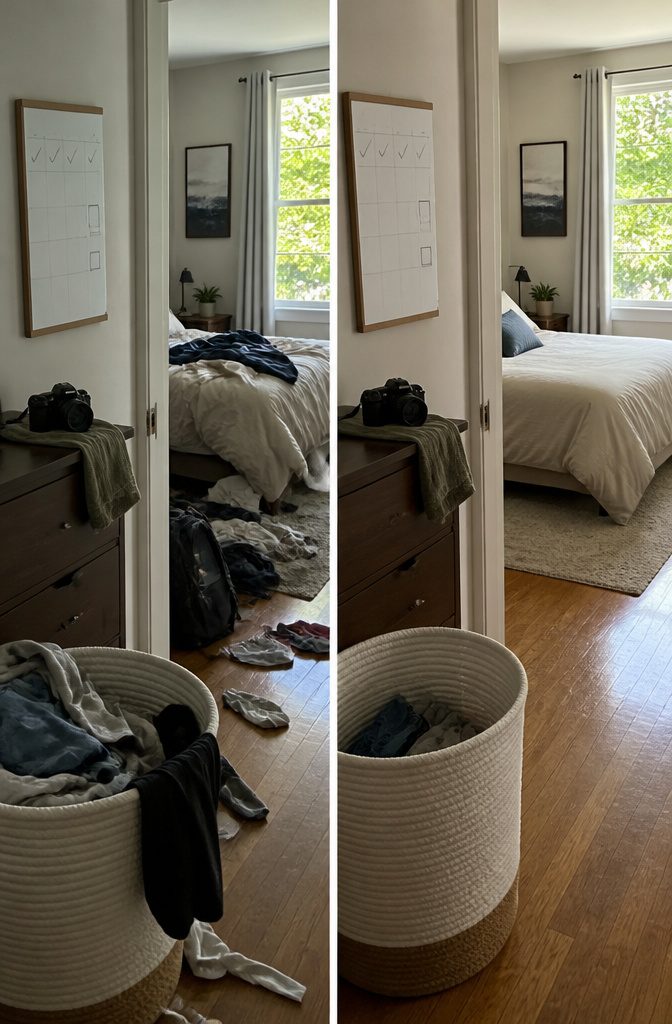How to Be Motivated to Clean Your Room: 19 Methods 13 Cleaning progress checklist beside before and after room photos