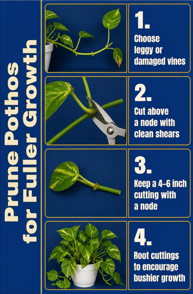 How to Care for Pothos: 7 Steps for Healthy Indoor Vines 7 Pruning shears cutting a pothos vine above a leaf node