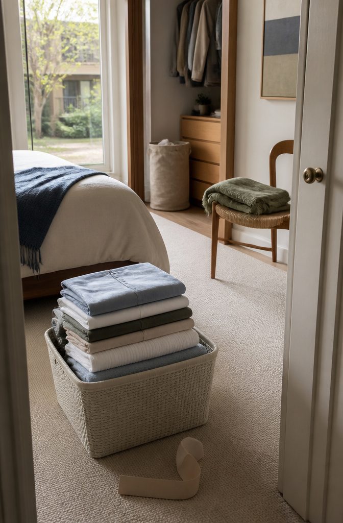 How to Be Motivated to Clean Your Room: 19 Methods 20 Folded laundry in woven basket beside open wardrobe and chair with throw