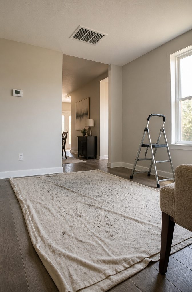 Ceiling vent above furniture covered with a protective sheet