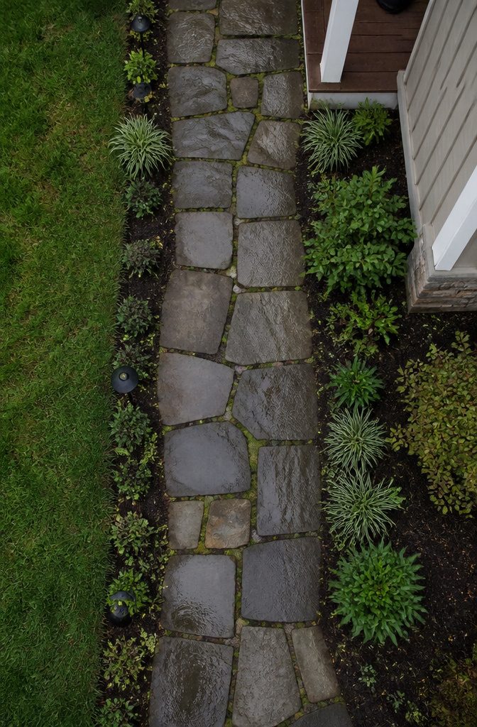 Stone paver walkway leading across the yard toward a house