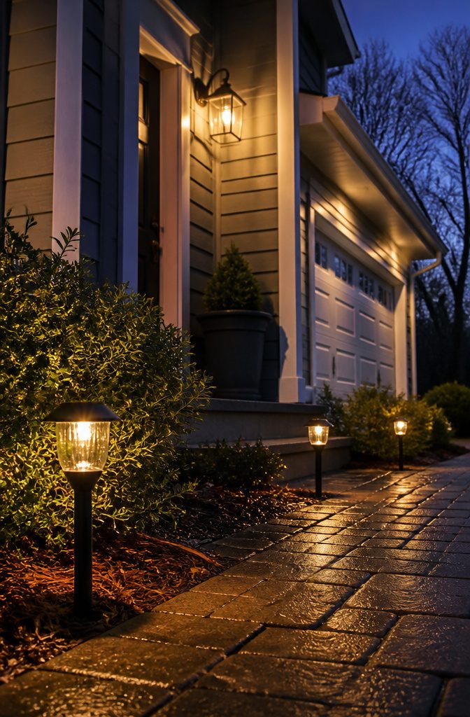 House exterior with porch light and path lights near the front entry