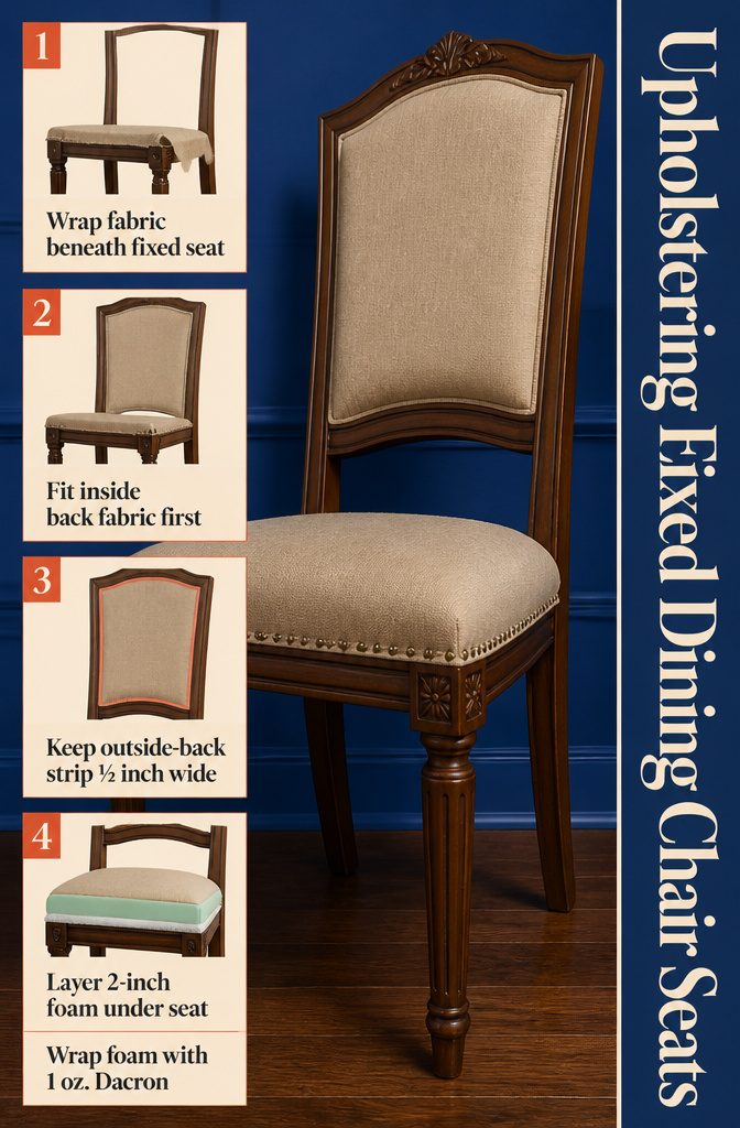 Dining chair with fabric wrapped beneath its fixed seat around wooden frame