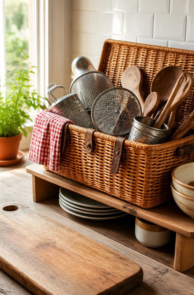 Wicker picnic basket filled with large utensils and a draped dishtowel
