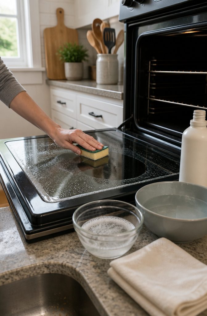 How to Clean Oven Glass Window: 8 Steps for Streak-Free Results 10 Oven glass beside a soft sponge and bowl of soapy water