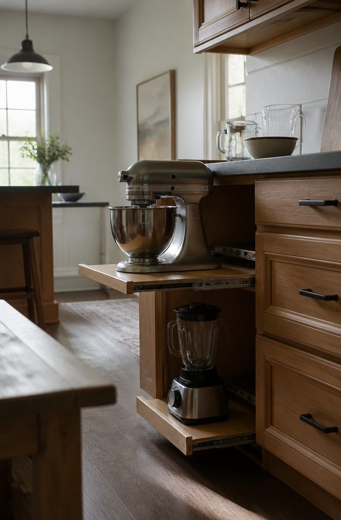 How to Hide Small Kitchen Appliances: 15 Ways 7 Open base cabinet with mixer on an extended shelf and blender below