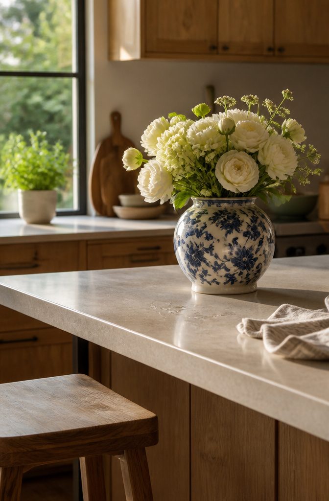 14 Ways to Decorate a Kitchen Island That Look Intentional 4 Vase of fresh flowers on a kitchen island with clear counter space
