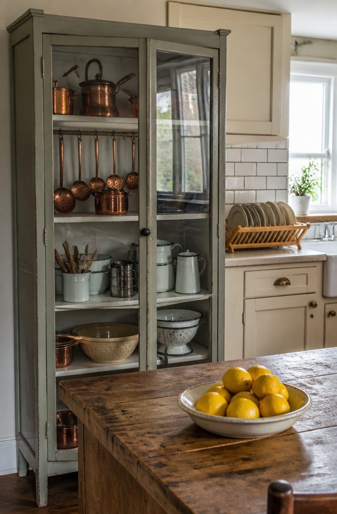 Glass-front cabinet holding copper ladles enamelware sifters and utensils