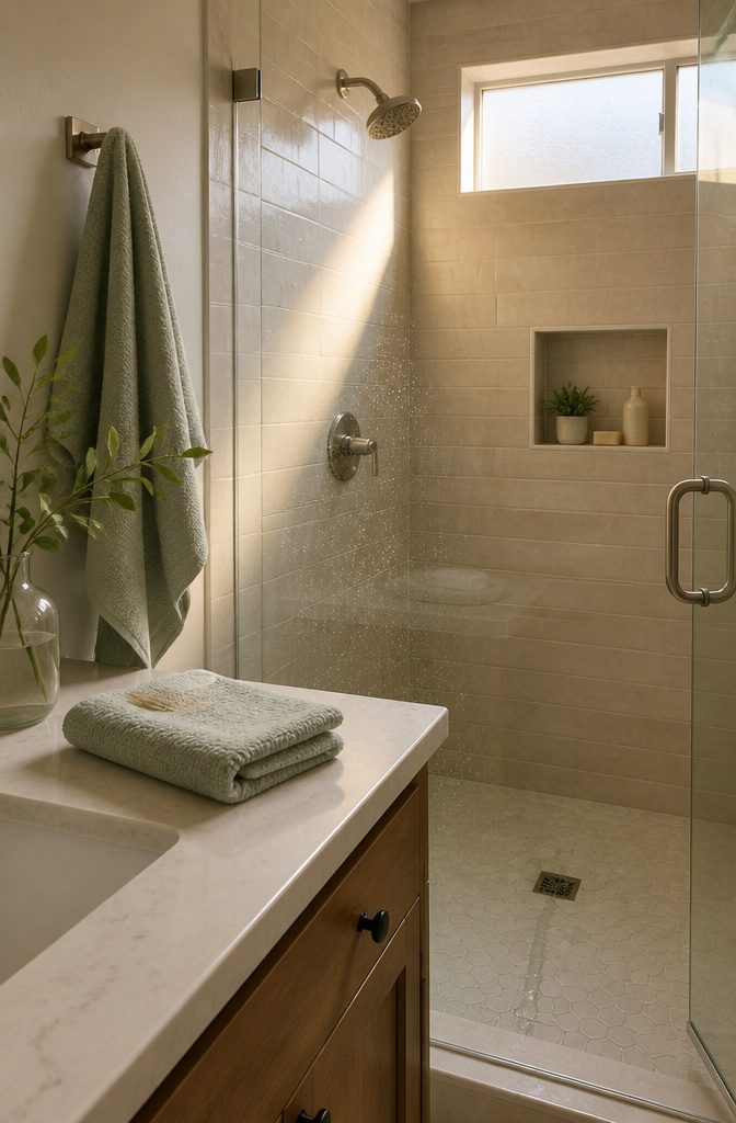 25 Ways to Update a Small Bathroom Without a Full Remodel 7 Frameless glass shower panel with pale tile and polished-nickel hardware
