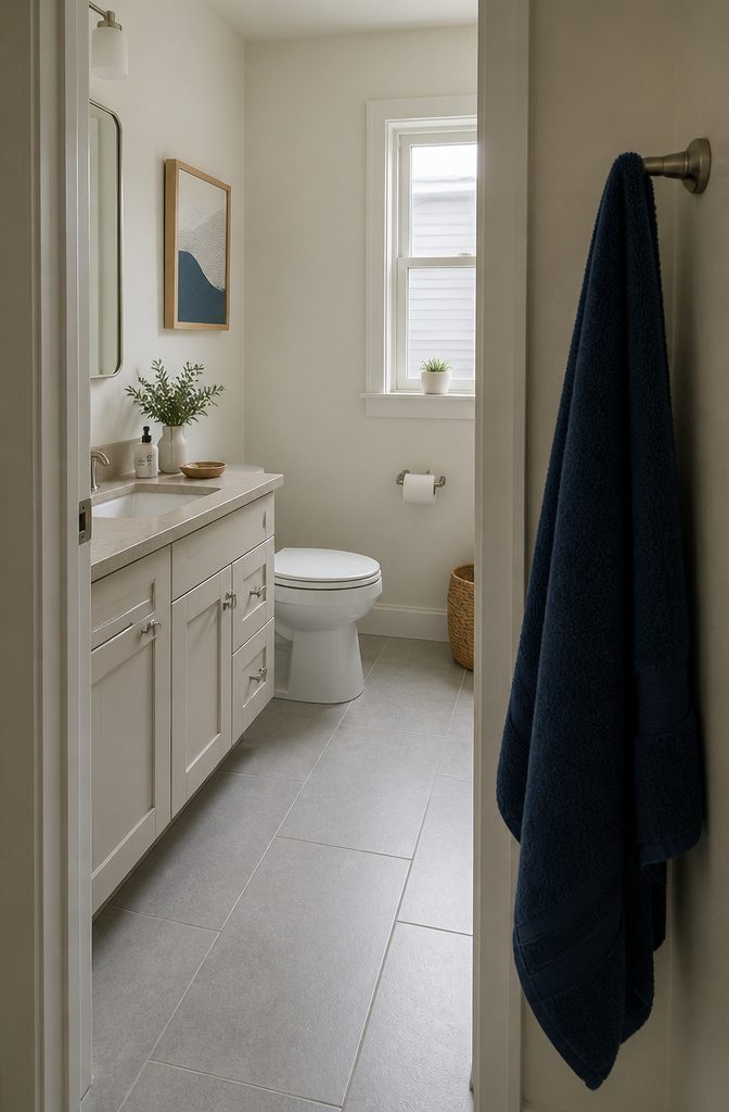 19 Ways to Decorate a Small Bathroom That Make It Work 6 Small bathroom with white walls pale gray floor tile and a blue towel