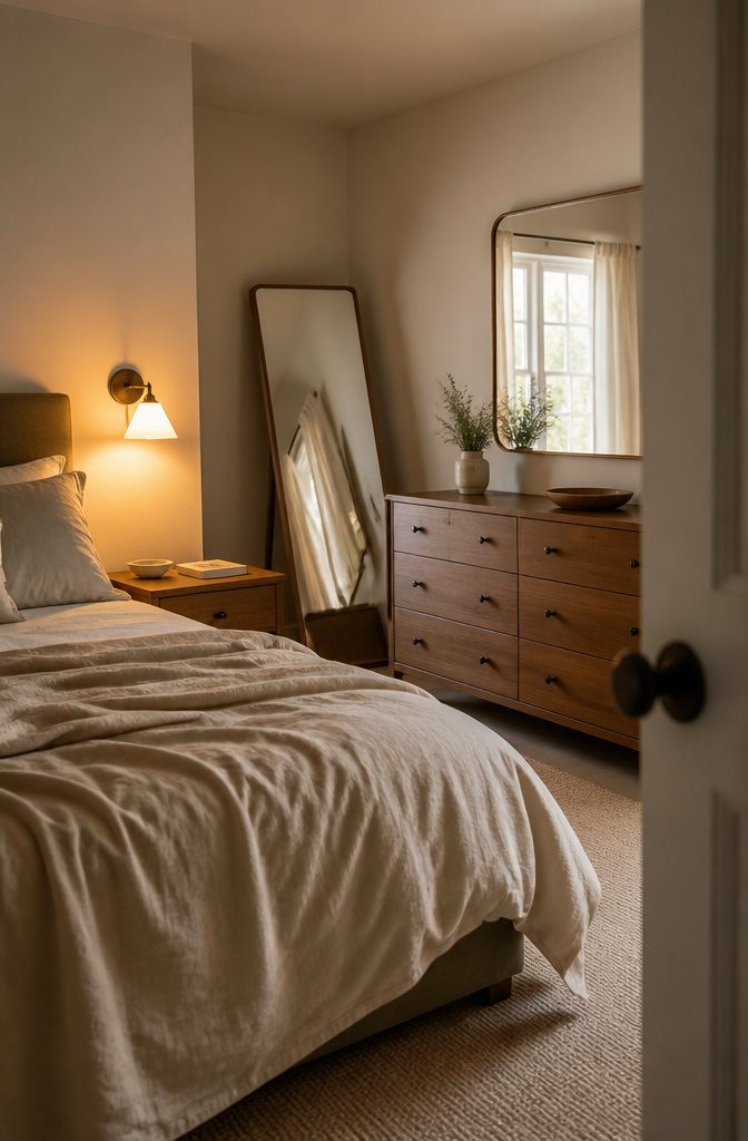 Bedroom wall sconces beside a bed with a mirror above the dresser