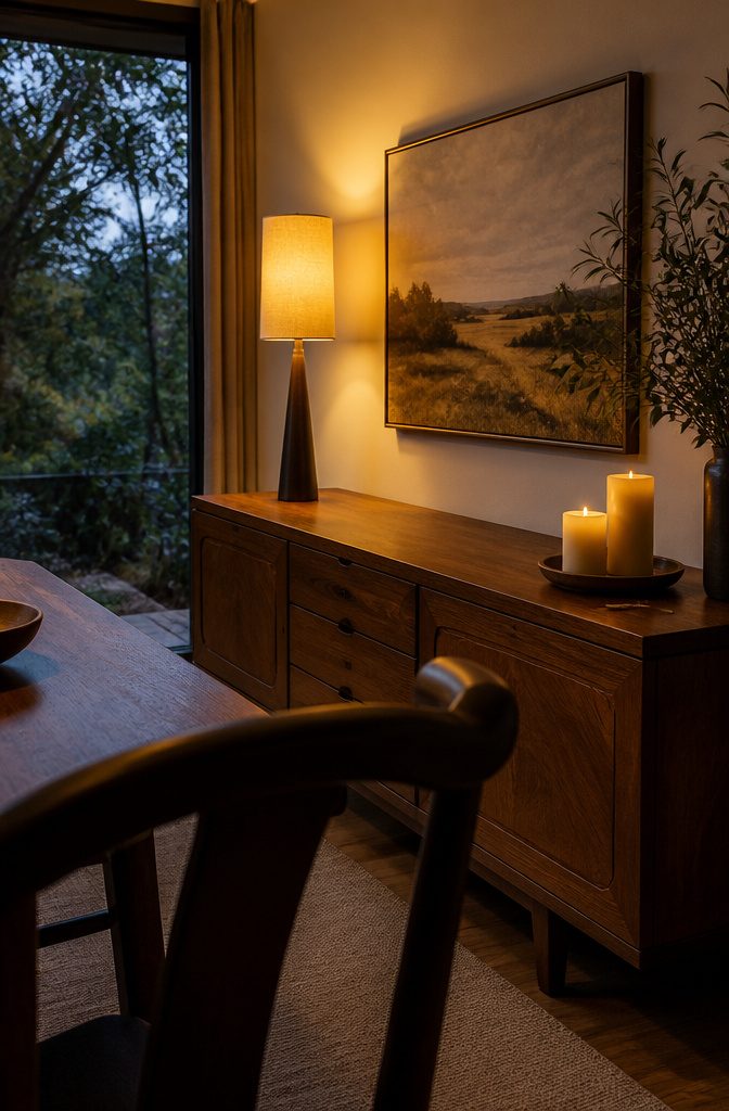 10 Ways to Style a Dining Room Buffet That Looks Considered 5 Buffet lamp and two pillar candles on a wood cabinet beneath framed art
