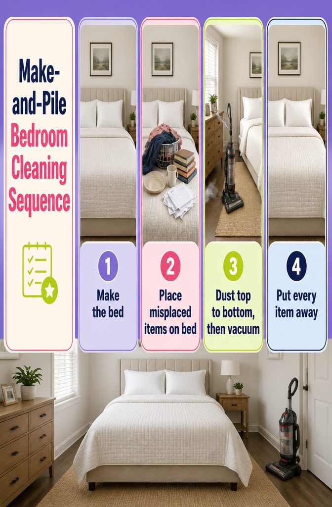 How to Be Motivated to Clean Your Room: 19 Methods 15 Made bed holding misplaced clothes books and dishes during bedroom cleaning