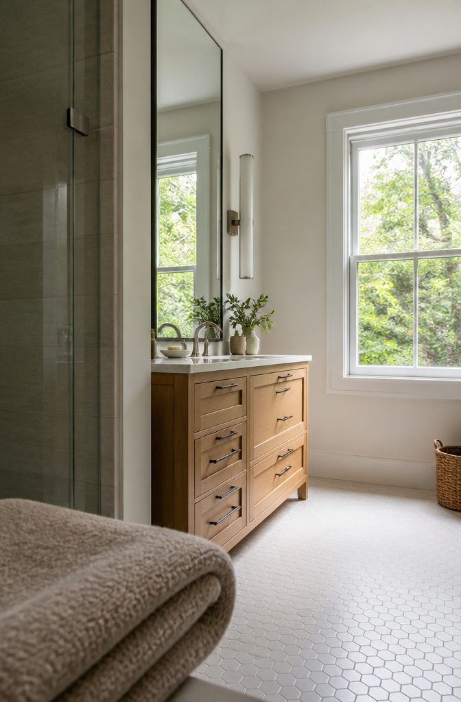 25 Ways to Update a Small Bathroom Without a Full Remodel 3 Tall rectangular bathroom mirror above a vanity reflecting a bright window
