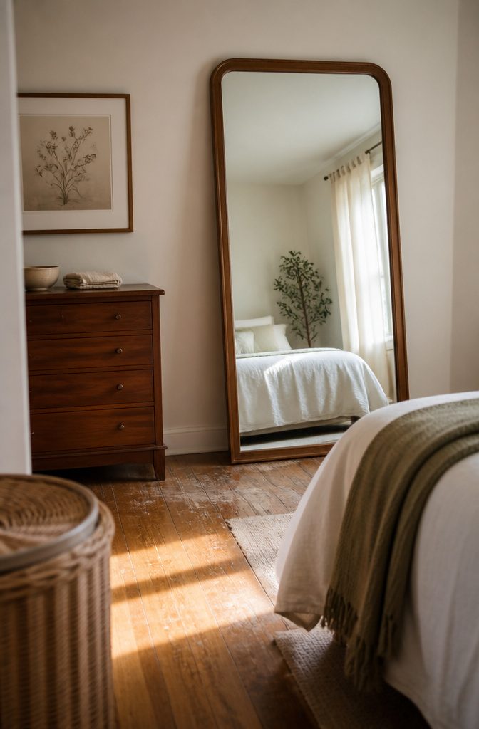 12 Ways to Decorate a Guest Bedroom That Feels Welcoming 8 Full length wood mirror leaning beside a window in a guest bedroom