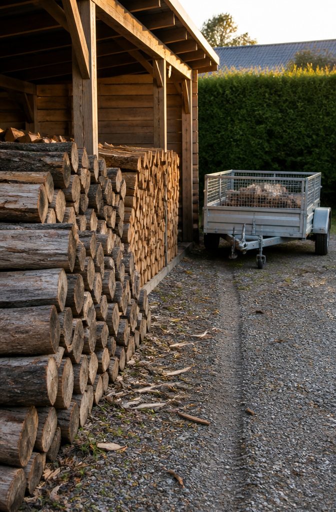 How to Store Wood: 7 Steps for Proper Firewood Storage 8 Older dark logs in front of newer firewood beside a seasoning shed