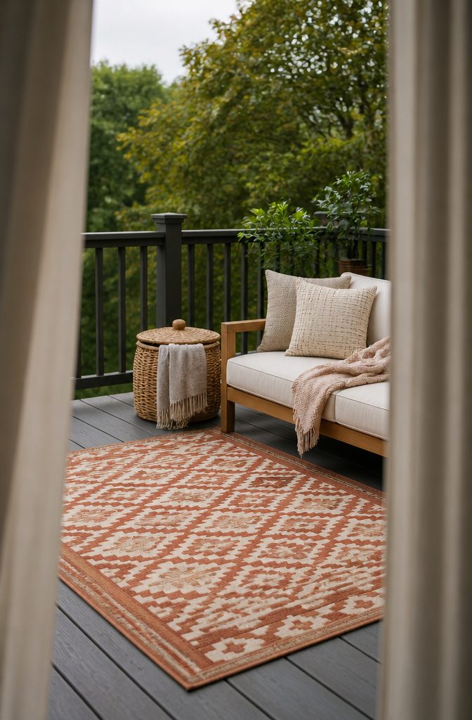 Geometric outdoor rug pale cushions folded throw and curtains on a deck