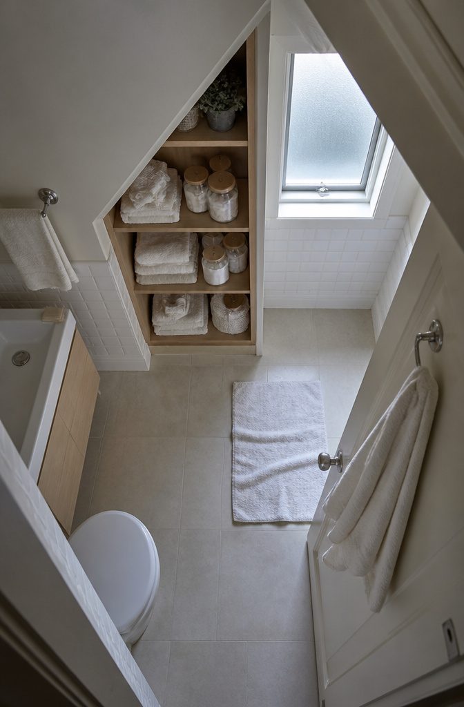 19 Ways to Decorate a Small Bathroom That Make It Work 18 Bathroom with built-in shelves tucked beneath a sloped ceiling