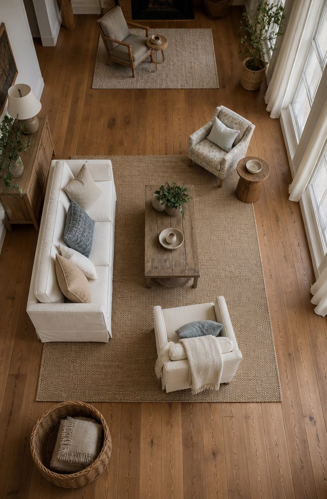 Living room sofa and chairs grouped on a large area rug