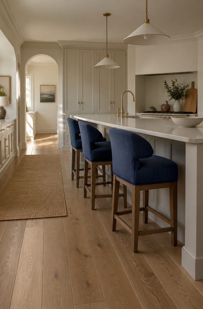 14 Ways to Decorate a Kitchen Island That Look Intentional 14 Saturated-color upholstered bar stools lined up at a neutral kitchen island
