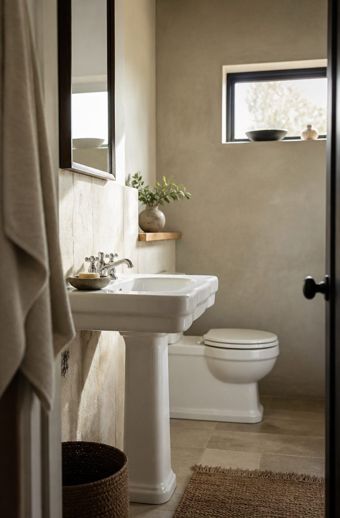 19 Ways to Decorate a Small Bathroom That Make It Work 16 Bathroom sink with honed limestone backsplash and glossy white porcelain basin