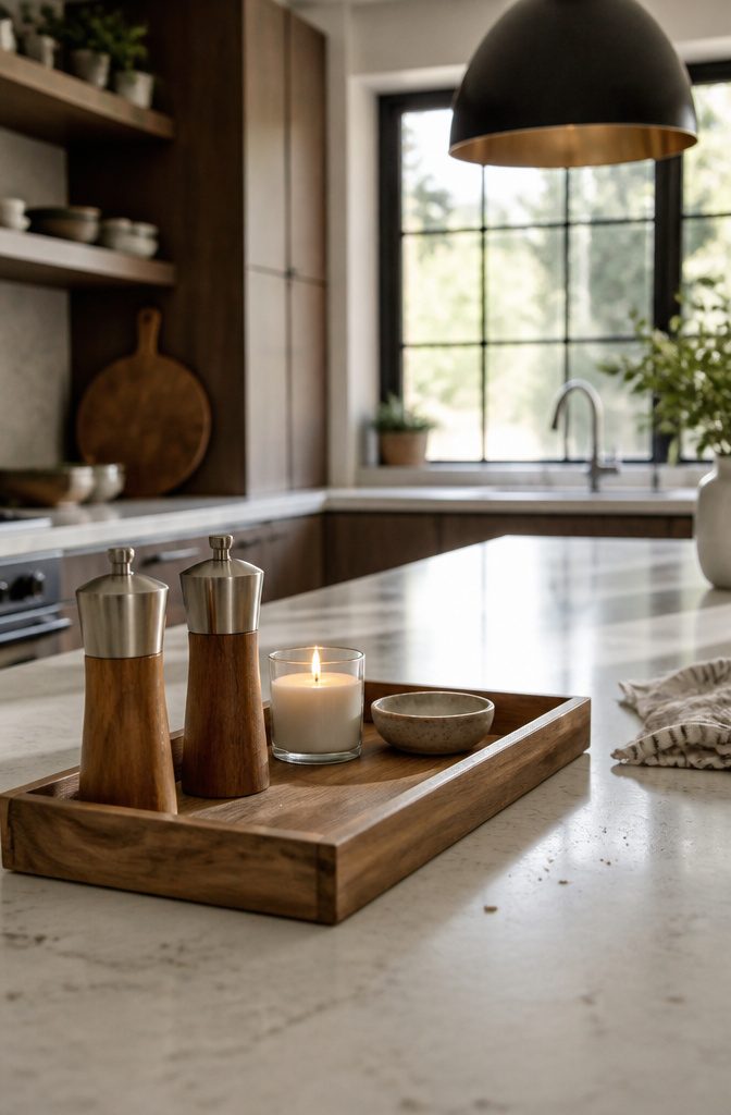 14 Ways to Decorate a Kitchen Island That Look Intentional 2 Tray holding salt shakers a candle and a small bowl on an island