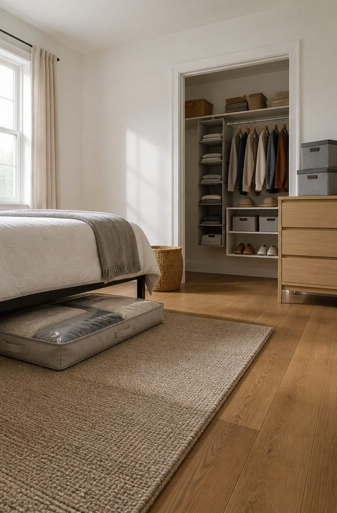 How to Keep a Room Clean: 10 Methods That Work 10 Zippered storage bags beneath a bed beside an organized closet