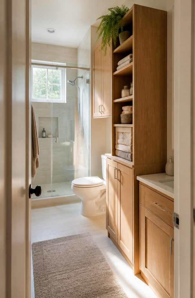 19 Ways to Decorate a Small Bathroom That Make It Work 2 Tall shelving beside a toilet with towels and toiletries stored above