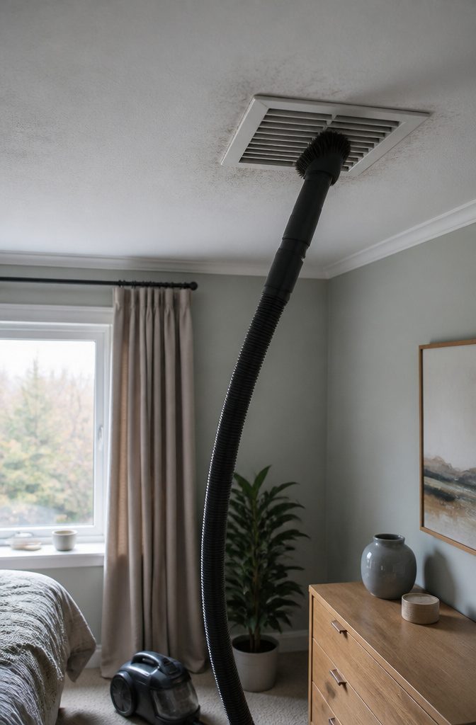 Vacuum brush cleaning ceiling vent slats beside gray ceiling streaks