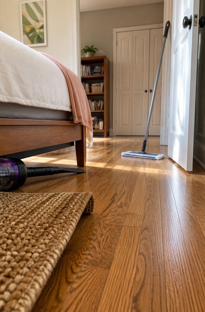How to Clean Your Room Fast Checklist: 6 Steps in Order 6 Vacuum cleaner on bedroom floor near a rug and furniture