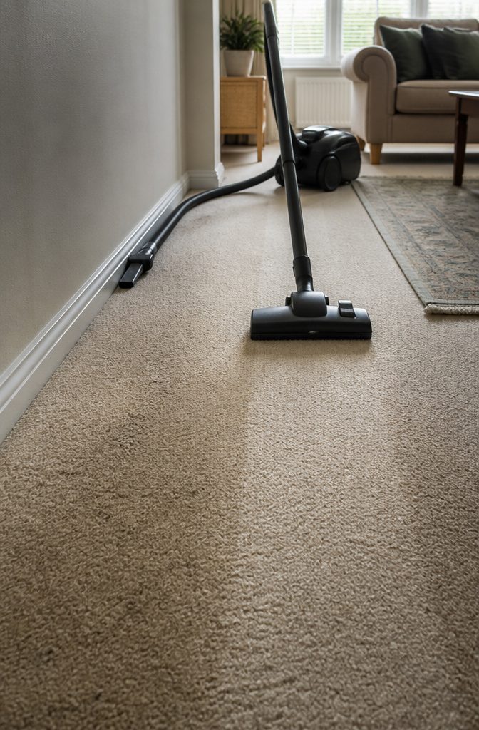 How to Clean Carpet at Home: 7 Steps That Work 3 Vacuum head on a carpet beside a dull high-traffic lane and baseboard attachment